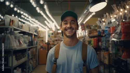 A man with a backpack standing in a store