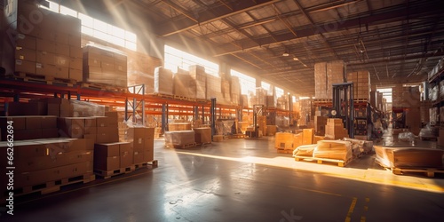 AI Generated. AI Generative. Modern warehouse room indoor box at sunset. Shipping logistic storage space. Graphic Art