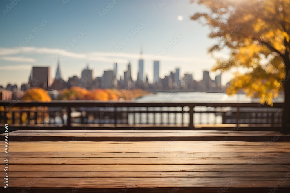 Empty wooden table top with manhattan view form Brooklyn in background with bokeh autumn sunlight. Geneartive Ai.