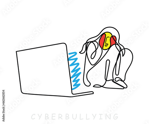 over worked woman in corporate line  art vector. Cyber bullying concept. Isolated art of a girl worried and frustrated. cyber .Child abuse concept. Little girl sitting on sofa with laptop. Cyberbullyi