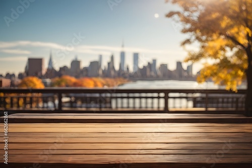Empty wooden table top with manhattan view form Brooklyn in background with bokeh autumn sunlight. Geneartive Ai.