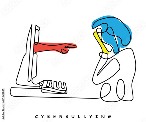 over worked woman in corporate line  art vector. Cyber bullying concept. Isolated art of a girl worried and frustrated. cyber .Child abuse concept. Little girl sitting on sofa with laptop. Cyberbullyi