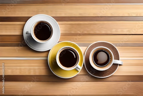 Tre tazzine di caffè colorate riprese dall'alto su superficie di legno come sfondo. photo