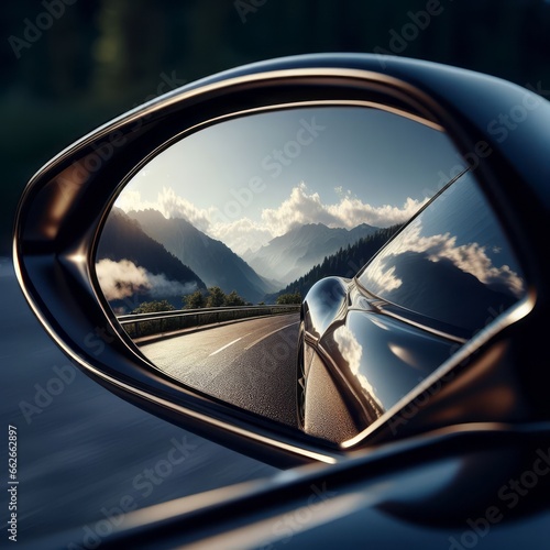 reflection of a mountain in a car mirror professional photo