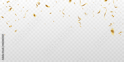 Golden confetti and zigzag ribbon falling from above streamer, tinsel vector