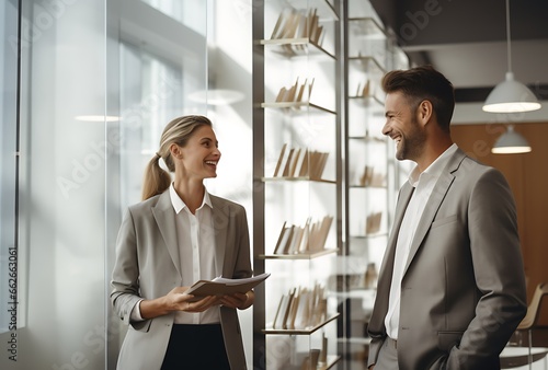Businessman and businesswoman standing in modern office lobby, talking and smiling