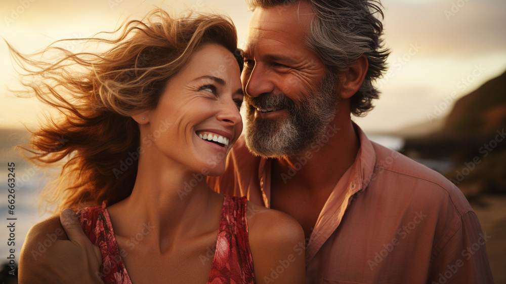 Alegre pareja de mediana edad, un hombre y una mujer, compartiendo un cariñoso abrazo en una playa - obrazy, fototapety, plakaty 