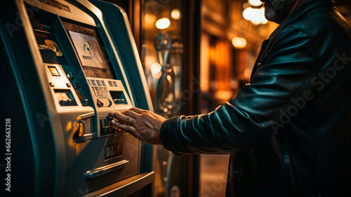 Primer plano de la mano de un hombre utilizando un cajero automático. photo
