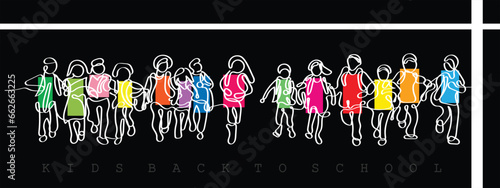 Continuous line art of a group of kids going to school or back to school. happy kid