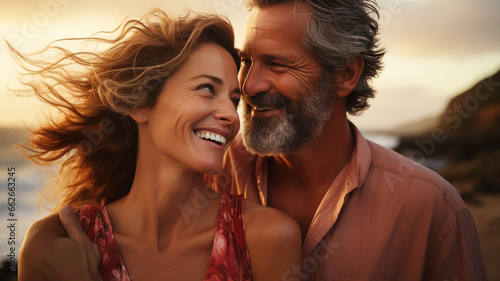 Alegre pareja de mediana edad, un hombre y una mujer, compartiendo un cariñoso abrazo en una playa