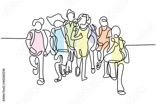 Continuous line art of a group of kids going to school or back to school. happy kid
