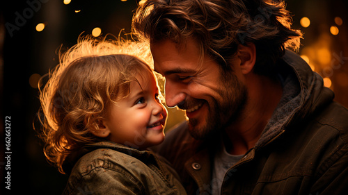 Retrato de un padre feliz que sostiene a su linda niña mientras los dos sonrien photo
