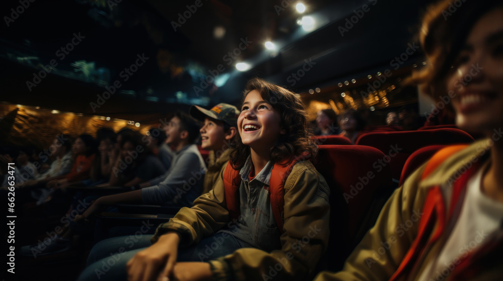 Group of children watching movie in the cinema. Concept of entertainment and enjoyment.