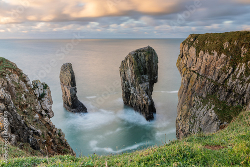 Stack Rocks on the Pembrokeshire coast in Wales at sunrise