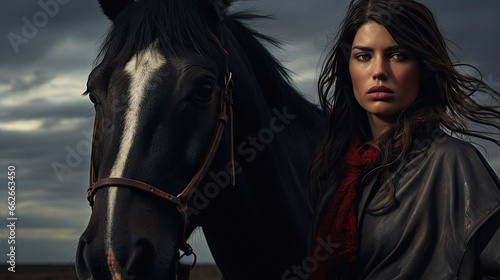 modern woman dressed as a cowboy next to a horse