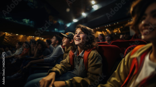 Group of children watching movie in the cinema. Concept of entertainment and enjoyment.