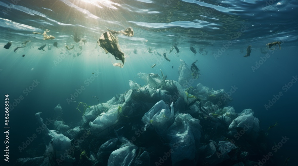 Plastic bags and other garbage pollution in ocean, Generative AI