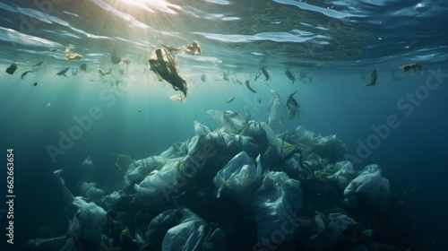 Plastic bags and other garbage pollution in ocean, Generative AI © AIExplosion