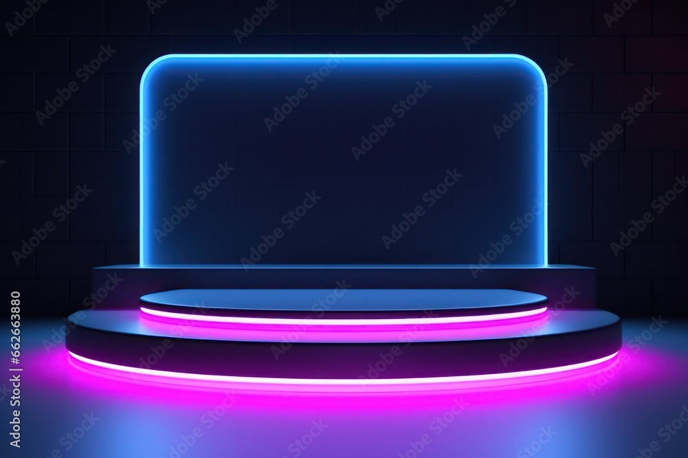 blue purple stage spotlight. Podium with neon light minimal 3d rendering set design for product and cosmetics photography - obrazy, fototapety, plakaty 