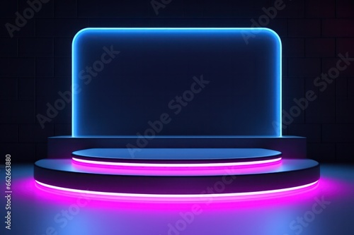 blue purple stage spotlight. Podium with neon light minimal 3d rendering set design for product and cosmetics photography