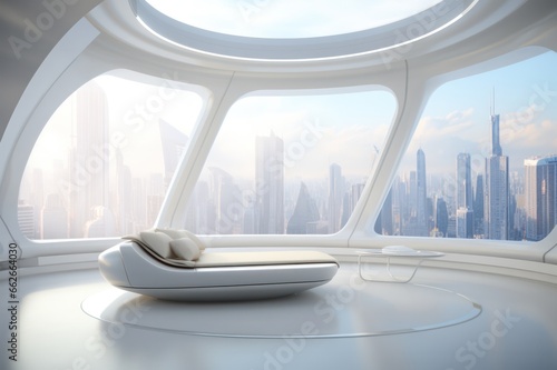 futuristic minimal hotel room interior with a view of city skyline