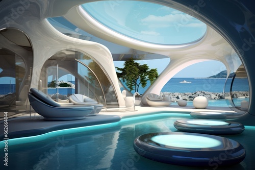 futuristic minimal spa hotel room interior with a view of city skyline © Dina
