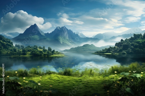 green peaceful landscape with lake in the mountains