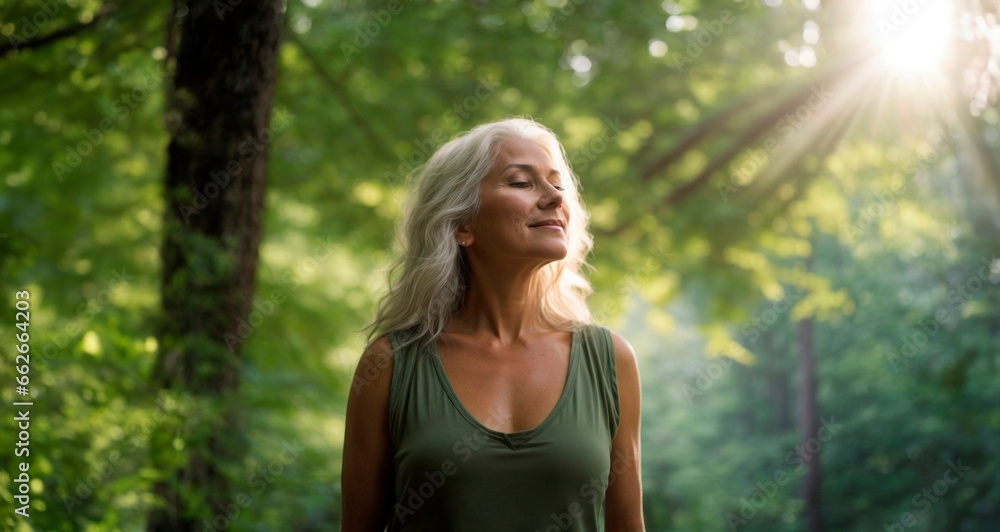 Relaxed woman breathing fresh air in a green forest. Model for advertising, advert, ad, ads with nature background. Selective focus portrait. Middle aged senior lady with grey hair and beautiful face. Relaxed woman breathing fresh air in a green forest. Model for advertising, advert, ad, ads with nature background. Selective focus portrait. Middle aged senior lady with grey hair and beautiful face.