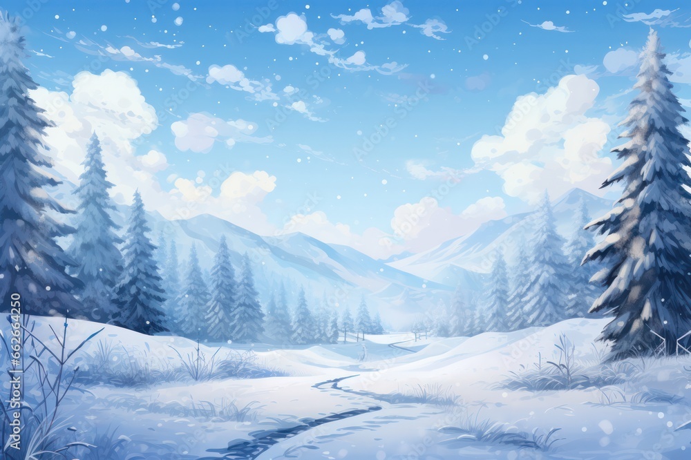 winter landscape with fir trees and snow with blue sky