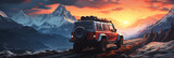 SUV 4x4 rides in travel adventure in mountains in winter off-road on the background of sunset