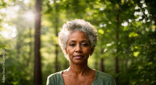 Relaxed woman breathing fresh air in a green forest. Model for advertising, advert, ad, ads with nature background. Selective focus portrait. Middle aged senior african american lady. Grey short hair.