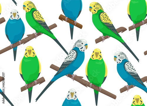 Vector tropical seamless pattern with love parrots. Cartoon cute blue and green budgerigars sitting on branch. Talking bright budgie family. Creative style summer beach print photo