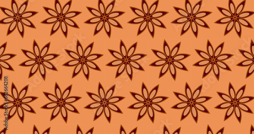 Star anise seamless pattern. Aromatic spice brown backdrop. Holiday aroma background. Natural scent element.