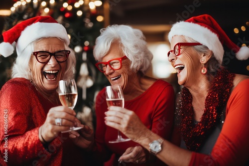 senior female friends celebrating Christmas at restaurant or home drinking champagne. Fun aging and women friendship concept. 