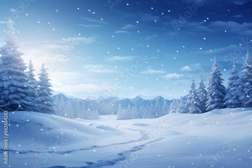 winter forest landscape with fir trees and snow with blue sky