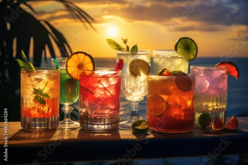 Summer drinks. Cocktails on the beach bar terrace. 
