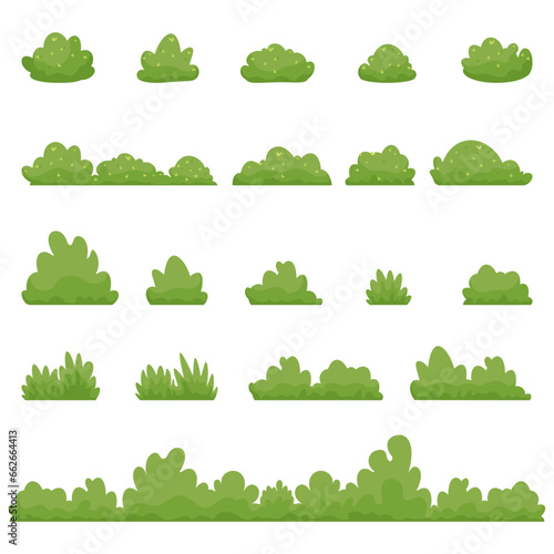 Shrubs and green bushy plants cartoon. Bush of different shapes park plants set. Vector flat cartoon illustration isolated on white.