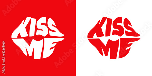 Logo con palabra kiss me con forma de silueta de labios de mujer en tipografía retro para su uso en invitaciones y tarjetas de San Valentín