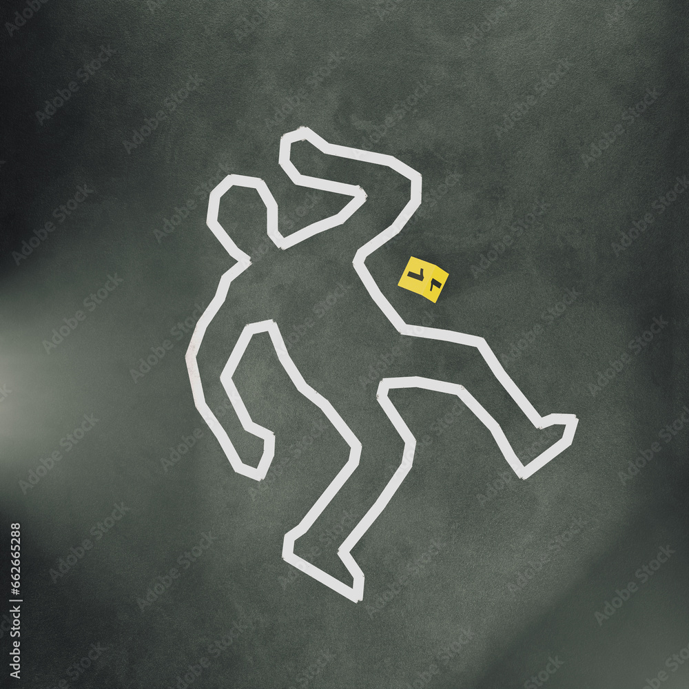 Crime Scene Investigation: Bloodied Body Outline with Hammer Evidence
