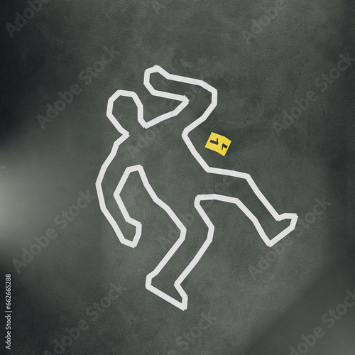 Crime Scene Investigation: Bloodied Body Outline with Hammer Evidence