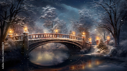 Characters Crossing a Bridge Adorned with Lights