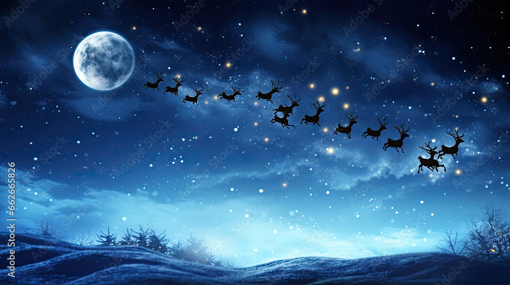 Santa Claus and his reindeer team soaring through the night sky silhouetted against a full moon delivering gifts to homes around the world Santa Claus and his reindeer team soaring through the night sky silhouetted against a full moon delivering gifts to homes around the world