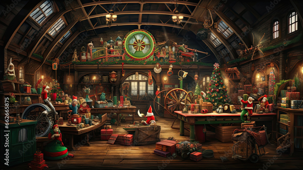 A festive background with Santa's workshop showcasing busy elves crafting toys and loading them onto a conveyor belt
