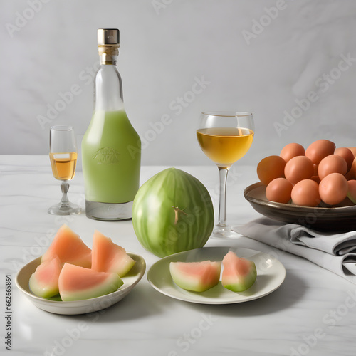 Whole honeydew melon on a plain white backdrop with a bowl of melon balls and a plate of prosciutto and a glass of melon liqueur and a bowl of melon slices and a bowl of honeydew on a white countertop