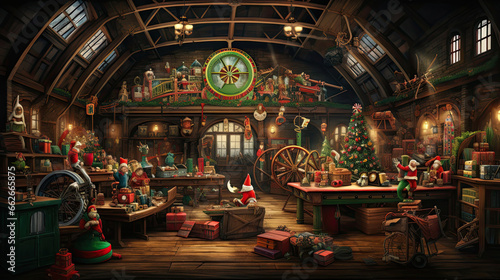 A festive background with Santa's workshop showcasing busy elves crafting toys and loading them onto a conveyor belt