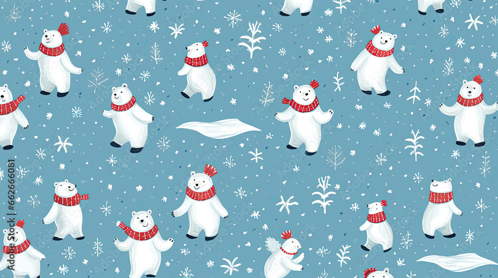 A repeating pattern of friendly polar bears wearing Santa hats and scarves surrounded by falling snowflakes