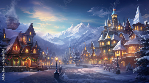 Rows of festively decorated houses with twinkling lights and glowing windows surrounded by a snowy landscape