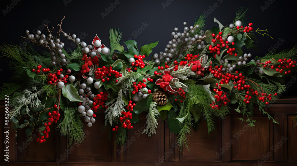 A cheerful arrangement of festive garlands made of holly berries and pinecones A cheerful arrangement of festive garlands made of holly berries and pinecones