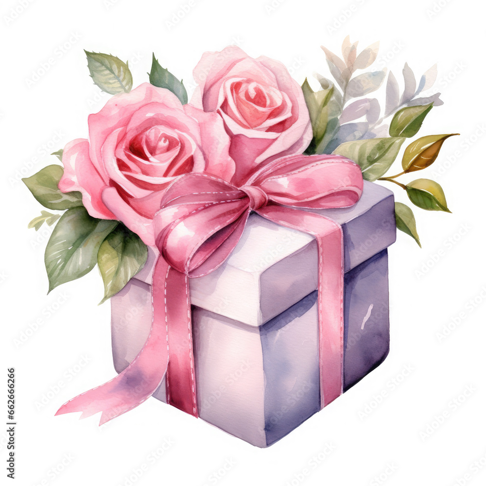 Birthday gift box and rose Illustration, Generative Ai