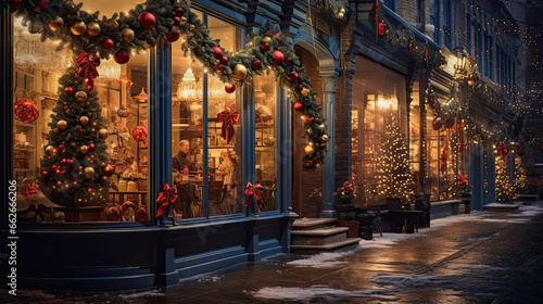 Rows of festively decorated storefronts with holiday sales signs twinkling lights and happy shoppers